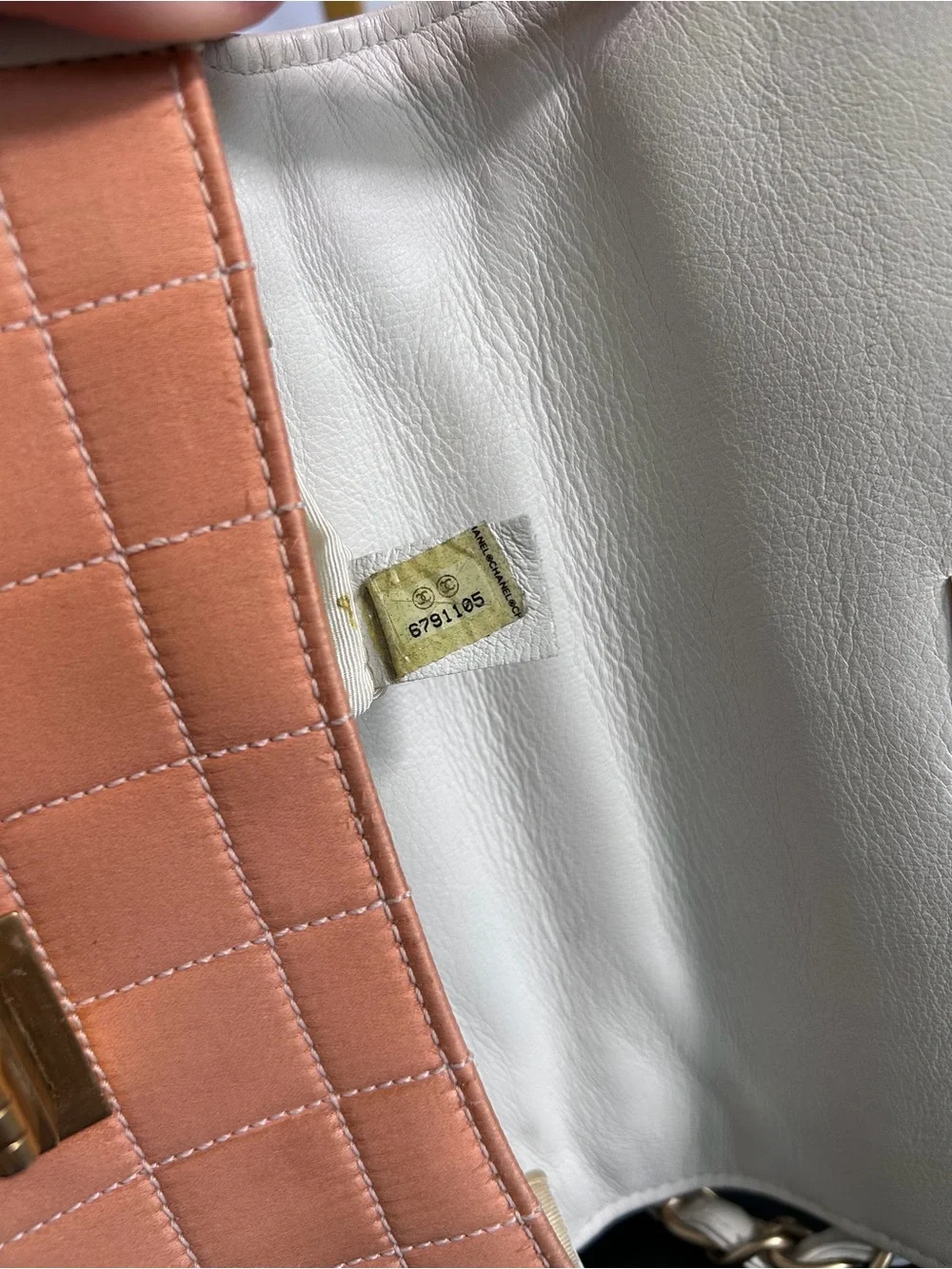 peach satin Chanel Chocolate Bar flap bag white trim and gold-tone hardware